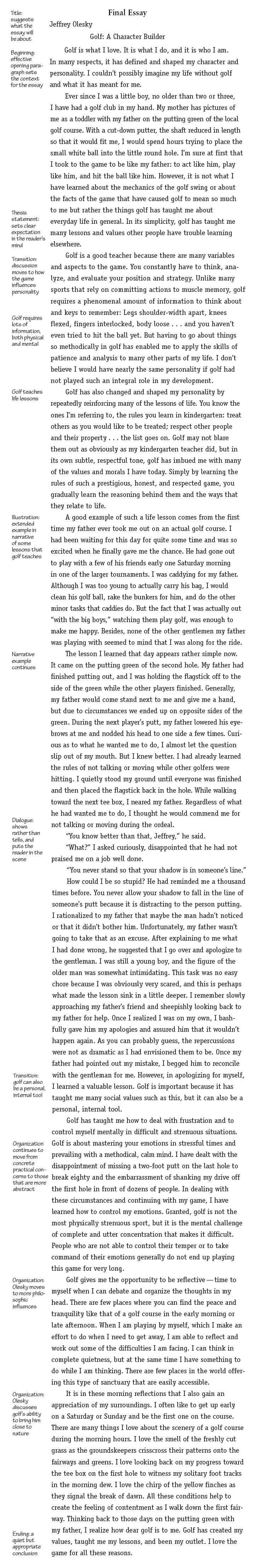 Final Essay. Jeffrey Olesky.  Text structure. Title: suggests what the essay will be about.  Title. Golf: A Character Builder.  Text structure. Beginning: effective opening paragraph sets the context for the essay.  Golf is what I love. It is what I do, and it is who I am. In many respects, it has defined and shaped my character and personality. I couldn't possibly imagine my life without golf and what it has meant for me.  Ever since I was a little boy, no older than two or three, I have had a golf club in my hand. My mother has pictures of me as a toddler with my father on the putting green of the local golf course. With a cut-down putter, the shaft reduced in length so that it would fit me, I would spend hours trying to place the small white ball into the little round hole. I'm sure at first that I took to the game to be like my father: to act like him, play like him, and hit the ball like him. However, it is not what I have learned about the mechanics of the golf swing or about the facts of the game that have caused golf to mean so much to me but rather the things golf has taught me about everyday life in general.  Text structure. Thesis statement: sets clear expectation in the reader's mind.  In its simplicity, golf has taught me many lessons and values other people have trouble learning elsewhere.  Text structure. Transition: discussion moves to how the game influences personality. Golf requires lots of information, both physical and mental.  Golf is a good teacher because there are many variables and aspects to the game. You constantly have to think, analyze, and evaluate your position and strategy. Unlike many sports that rely on committing actions to muscle memory, golf requires a phenomenal amount of information to think about and keys to remember: Legs shoulder-width apart, knees flexed, fingers interlocked, body loose… and you haven't even tried to hit the ball yet. But having to go about things so methodically in golf has enabled me to apply the skills of patience and analysis to many other parts of my life. I don't believe I would have nearly the same personality if golf had not played such an integral role in my development.  Text structure. Golf teaches life lessons.  Golf has also changed and shaped my personality by repeatedly reinforcing many of the lessons of life. You know the ones I'm referring to, the rules you learn in kindergarten: treat others as you would like to be treated; respect other people and their property… the list goes on. Golf may not blare them out as obviously as my kindergarten teacher did, but in its own subtle, respectful tone, golf has imbued me with many of the values and morals I have today. Simply by learning the rules of such a prestigious, honest, and respected game, you gradually learn the reasoning behind them and the ways that they relate to life.  Text structure. Illustration: extended example in narrative of some lessons that golf teaches.  A good example of such a life lesson comes from the first time my father ever took me out on an actual golf course. I had been waiting for this day for quite some time and was so excited when he finally gave me the chance. He had gone out to play with a few of his friends early one Saturday morning in one of the larger tournaments. I was caddying for my father. Although I was too young to actually carry his bag, I would clean his golf ball, rake the bunkers for him, and do the other minor tasks that caddies do. But the fact that I was actually out with the big boys, watching them  play golf, was enough to make me happy. Besides, none of the other gentlemen my father was playing with seemed to mind that I was along for the ride.  Text structure. Narrative example continues.  The lesson I learned that day appears rather simple now. It came on the putting green of the second hole. My father had finished putting out, and I was holding the flagstick off to the side of the green while the other players finished. Generally, my father would come stand next to me and give me a hand, but due to circumstances we ended up on opposite sides of the green. During the next player's putt, my father lowered his eyebrows at me and nodded his head to one side a few times. Curious as to what he wanted me to do, I almost let the question slip out of my mouth. But I knew better. I had already learned the rules of not talking or moving while other golfers were hitting. I quietly stood my ground until everyone was finished and then placed the flagstick back in the hole. While walking toward the next tee box, I neared my father. Regardless of what he had wanted me to do, I thought he would commend me for not talking or moving during the ordeal.  Text structure. Dialogue: shows rather than tells, and puts the reader in the scene.  You know better than that, Jeffrey, he said. What? I asked curiously, disappointed that he had not praised me on a job well done.  You never stand so that your shadow is in someone's line.  How could I be so stupid? He had reminded me a thousand times before. You never allow your shadow to fall in the line of someone's putt because it is distracting to the person putting. I rationalized to my father that maybe the man hadn't noticed or that it didn't bother him. Unfortunately, my father wasn't going to take that as an excuse. After explaining to me what I had done wrong, he suggested that I go over and apologize to the gentleman. I was still a young boy, and the figure of the older man was somewhat intimidating. This task was no easy chore because I was obviously very scared, and this is perhaps what made the lesson sink in a little deeper. I remember slowly approaching my father’s friend and sheepishly looking back to my father for help. Once I realized I was on my own, I bashfully gave him my apologies and assured him that it wouldn't happen again. As you can probably guess, the repercussions were not as dramatic as I had envisioned them to be. Once my father had pointed out my mistake, I begged him to reconcile with the gentleman for me. However, in apologizing for myself, learned a valuable lesson. Golf is important because it has taught me many social values such as this, but it can also be a personal, internal tool.   Text structure. Transition: golf can also be a personal, internal tool. Organization continues to move from concrete practical concerns to those that are more abstract.  Golf has taught me how to deal with frustration and to control myself mentally in difficult and strenuous situations. Golf is about mastering your emotions in stressful times and prevailing with a methodical, calm mind. I have dealt with the disappointment of missing a two-foot putt on the last hole to break eighty and the embarrassment of shanking my drive off the first hole in front of dozens of people. In dealing with these circumstances and continuing with my game, I have learned how to control my emotions. Granted, golf is not the most physically strenuous sport, but it is the mental challenge of complete and utter concentration that makes it difficult. People who are not able to control their temper or to take command of their emotions generally do not end up playing this game for very long.  Text structure. Organization: Olesky moves to more philosophic influences.  Golf gives me the opportunity to be reflective —time to myself when I can debate and organize the thoughts in my head. There are few places where you can find the peace and tranquility like that of a golf course in the early morning or late afternoon. When I am playing by myself, which I make an effort to do when I need to get away, I am able to reflect and work out some of the difficulties I am facing. I can think in complete quietness, but at the same time I have something to do while I am thinking. There are few places in the world offering this type of sanctuary that are easily accessible.   Text structure. Organization: Olesky discusses golf's ability to bring him close to nature.  It is in these morning reflections that I also gain an appreciation of my surroundings. I often like to get up early on a Saturday or Sunday and be the first one on the course. There are many things I love about the scenery of a golf course during the morning hours. I love the smell of the freshly cut grass as the groundskeepers crisscross their patterns onto the fairways and greens. I love looking back on my progress toward the tee box on the first hole to witness my solitary foot tracks in the morning dew. I love the chirp of the yellow finches as they signal the break of dawn. All these conditions help to create the feeling of contentment as I walk down the first fairway.  Text structure. Ending: a quiet but appropriate conclusion. Thinking back to those days on the putting green with my father, I realize how dear golf is to me. Golf has created my values, taught me my lessons, and been my outlet. I love the game for all these reasons.  