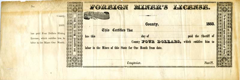 Image of Foreign Miners License Stub, 1853.