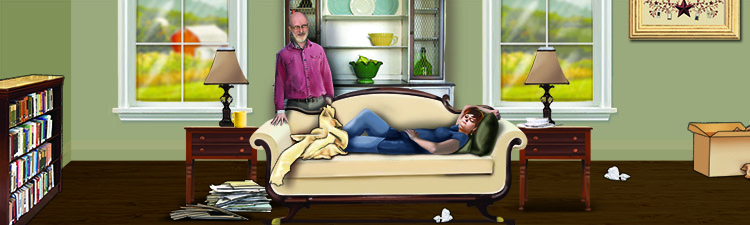 An elderly man watches his wife as she lies on the couch in their living room.