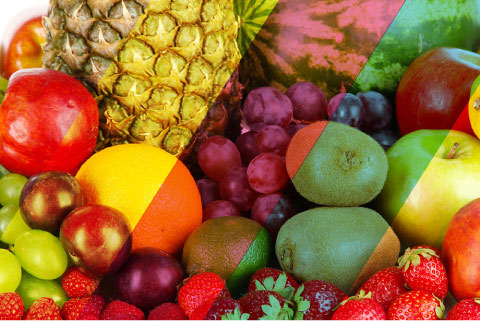 Various fruit varying by color.  Transparent red and green bands of color are overlayed on the photo but the colors of the fruit still seem to be the same.