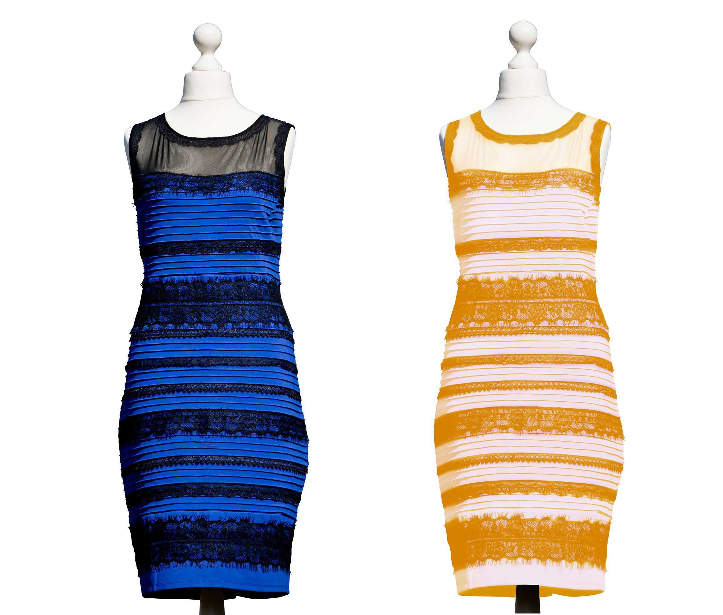 There are two photos of the same dress. A blue and black dress is on the left.  The same dress is on the right but has a filter applied which makes it look white and gold.