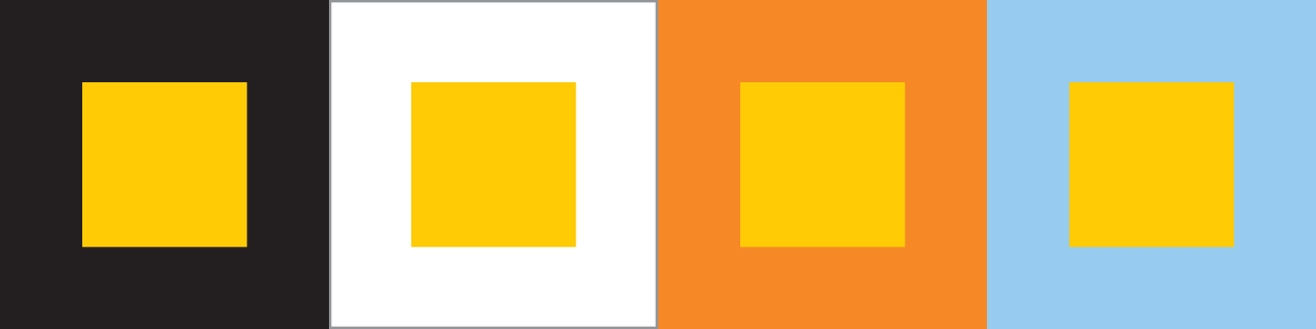 Four different colored squares: black, white, orange and blue.  Within each square is a smaller yellow square.