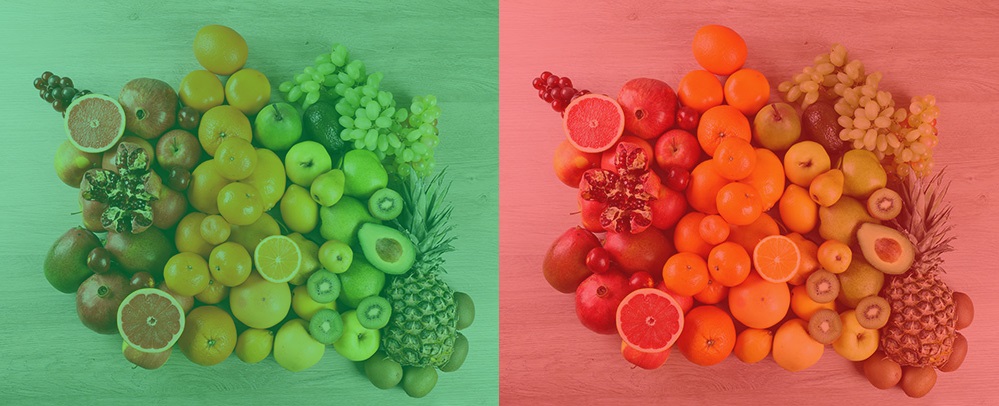 Two of the same photo of different colored fruit.  The photo on the left has a green filter over it and the photo on the right has a red filter over it.