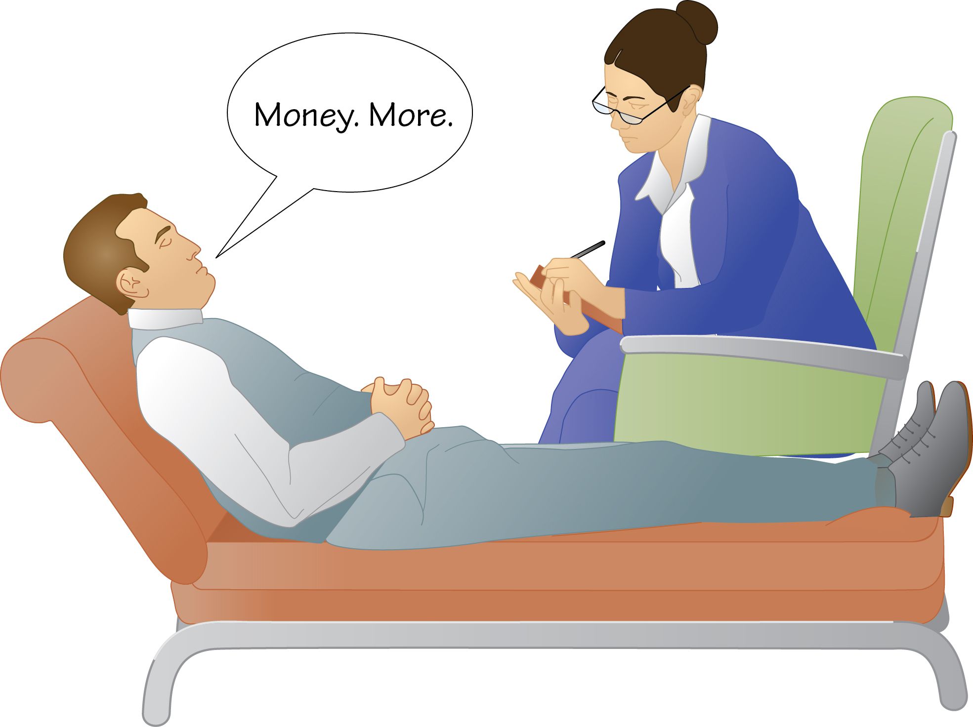 female psychoanalyst in chair, listening and holding notes; male patient lying on a couch; speech bubble over patient’s head shows the text “Money. More.”