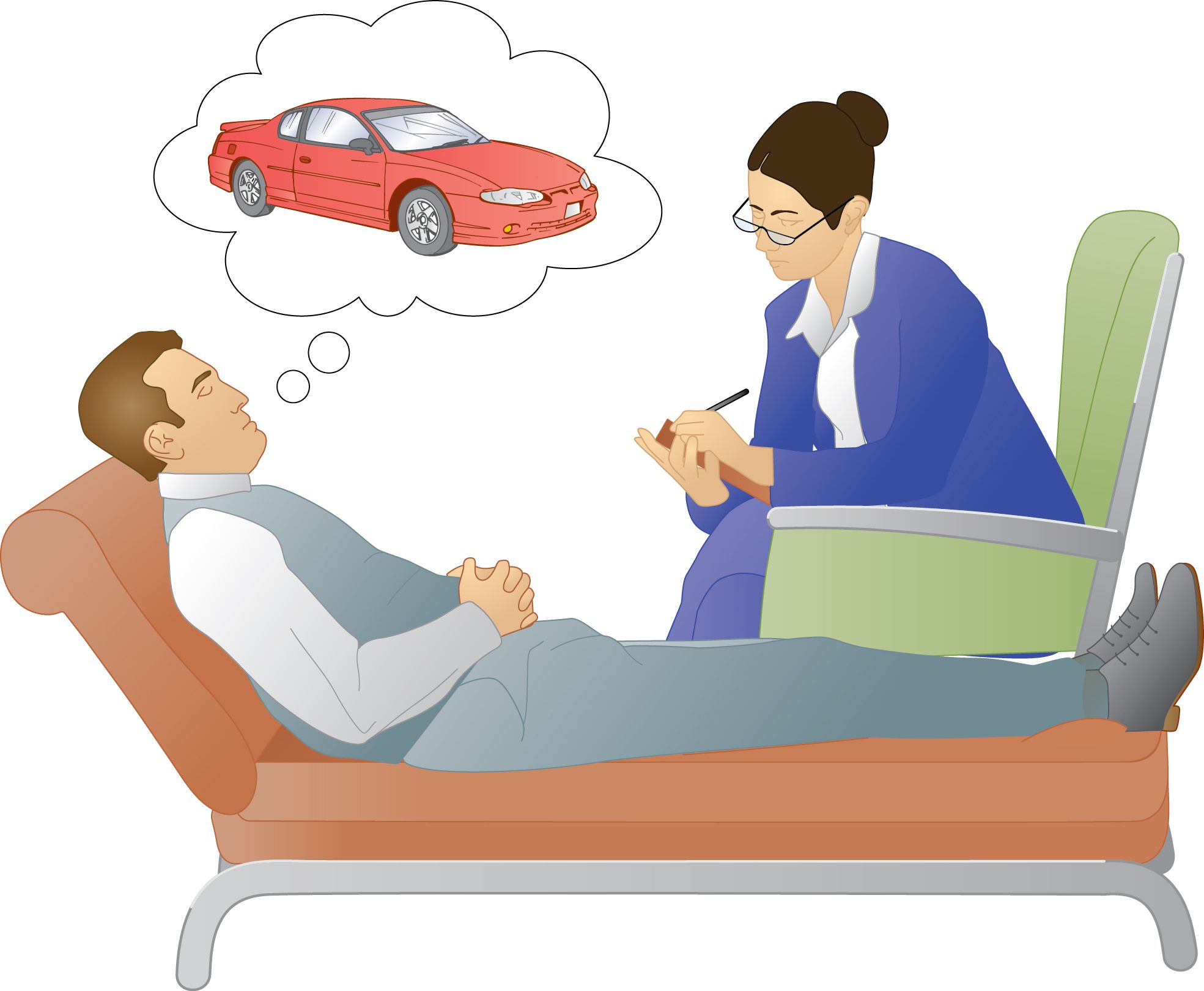 speech bubble over patient’s head; the speech bubble shows a desirable car, fancy watch