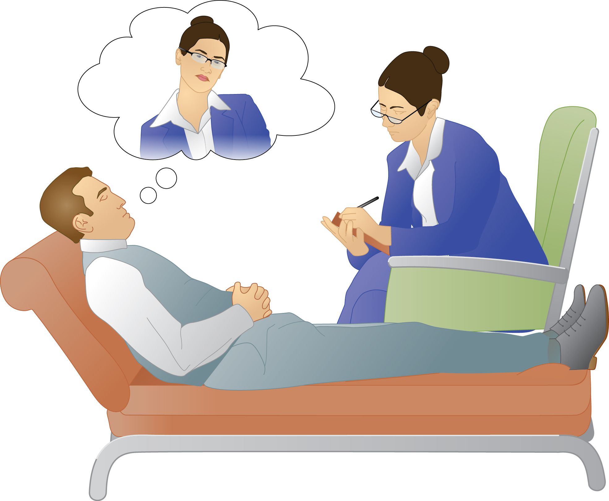 speech bubble over patient’s head; the speech bubble shows the face of the analyst