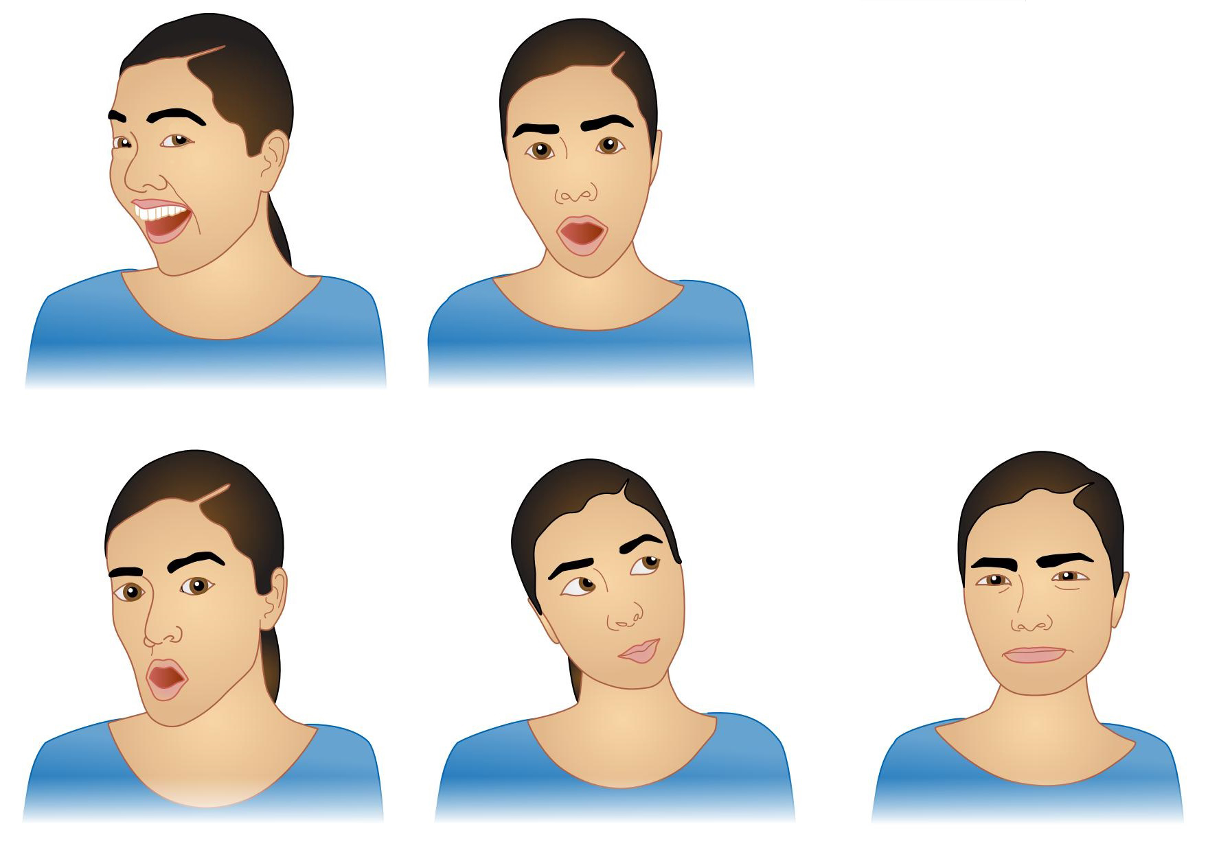 There are five images of the same woman with different facial expressions in each. The first woman is smiling with eyes slightly squinted. The second woman has her eyes wide, eyebrows raised, and mouth open in an O. The third woman has her mouth open slightly with one eyebrow raised. The fourth woman has her head tilted to the left, pursed lips, and eyes looking up and to the right. The fifth woman is squinting her eyes with lips tightly closed together.