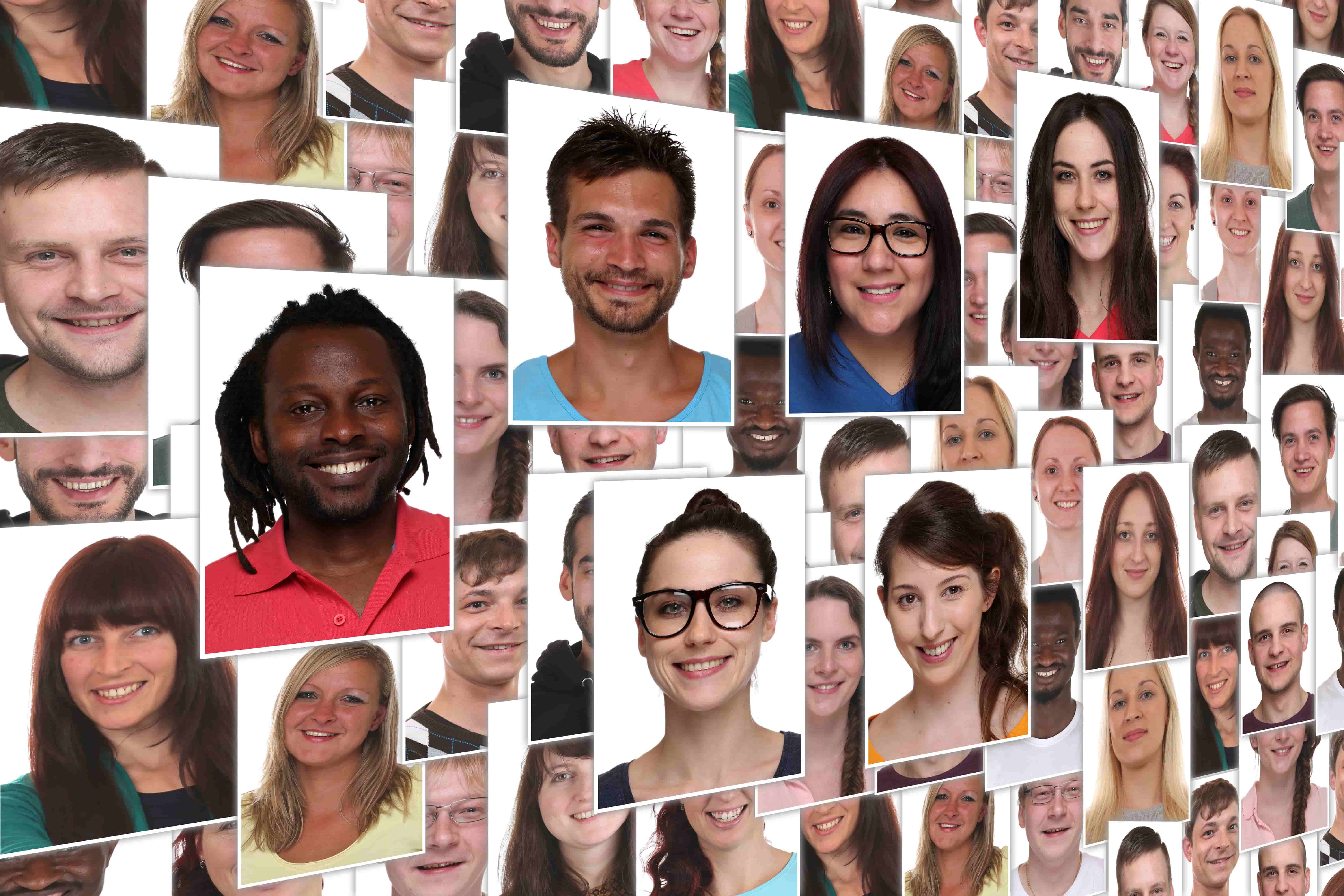 Composite containing many photos of individuals from different ethnic groups, about evenly divided between males and females; prefer photos arranged in haphazard manner as in top reference image rather than in a neat grid