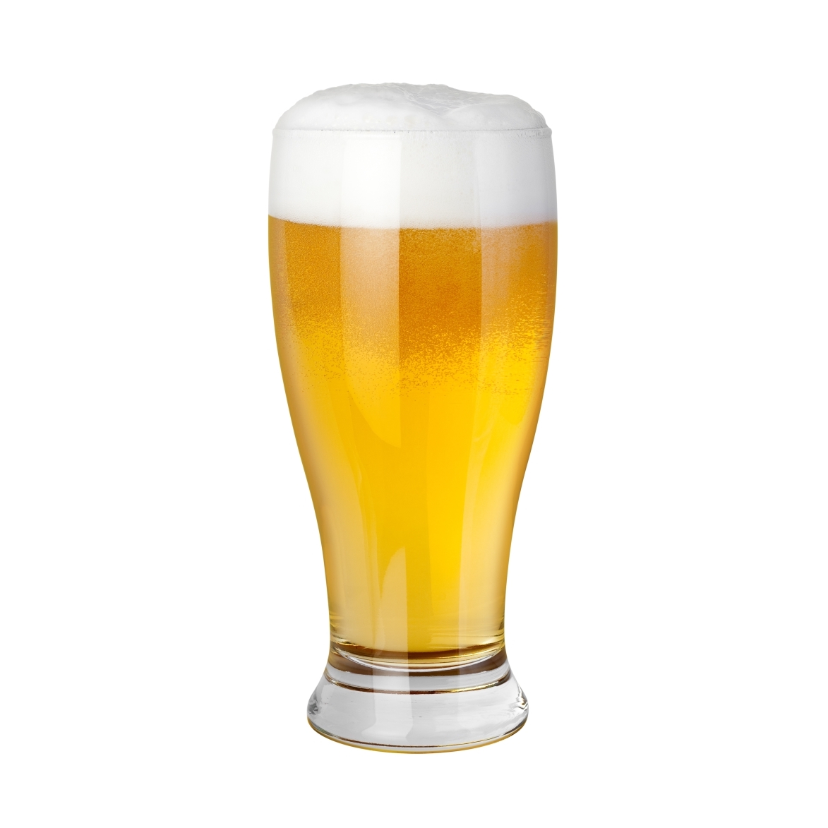 A glass of beer with foam at the top.