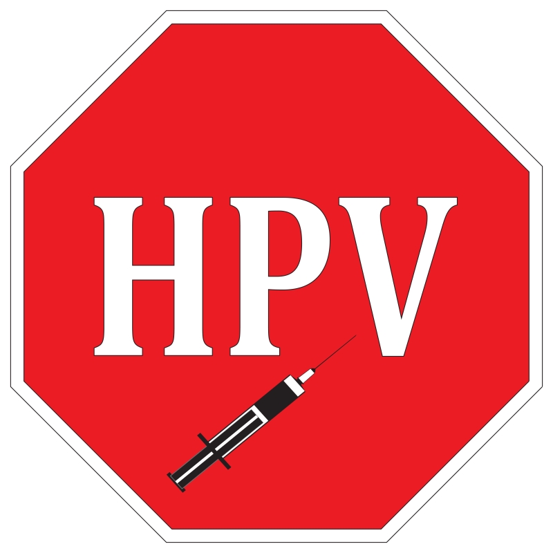 A sign with letters HPV in the center and an injection icon.