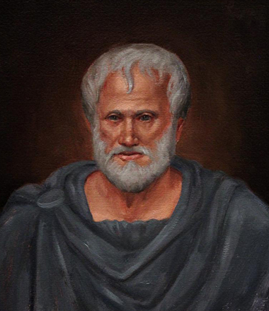 A portrait painting of renowned greek philosopher, Aristotle in a grey cloak.