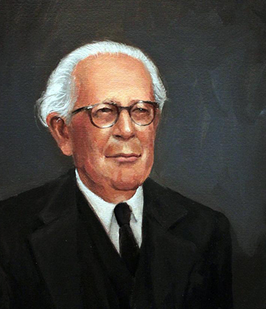 An academic portrait painting of an elderly bespectacled man in a black suit.