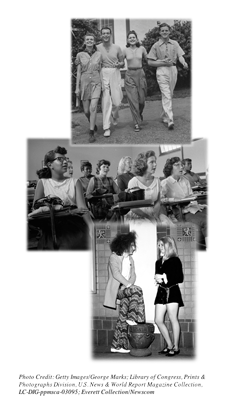 Two 20-year-old couples from the 1940s, a college classroom of women from the 1950’s, and a couple from the 1960’s.