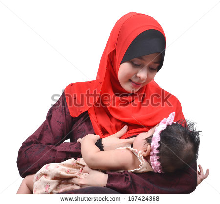 Color image of a Muslim woman wearing a red hijab breast-feeding her baby