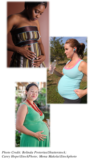 Three pregnant women with progressively larger bellies representing the  first, second and third trimesters.