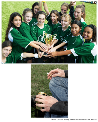 Top photo - Eleven teenage girls from an athletic team all holding a trophy while looking excited and happy.  Lower photo – Teenage boy sitting on the ground holding a cigarette and a can of beer