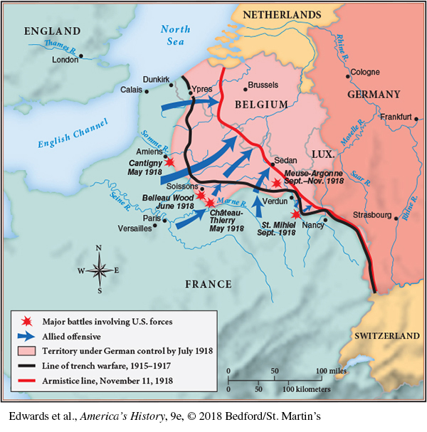 This map shows the U.S. Participation on the Western Front in World War 1 during 1918. As the map indicates, when American troops reached the European front in significant numbers in 1918, the Allies and Central Powers had been fighting a deadly war of attrition for almost four years. The influx of American troops and supplies helped break the stalemate. Successful offensive maneuvers by the American Expeditionary Force included those battles at: Cantigny, May 1918; Belleau Wood, June 1918; Château-Thierry, May 1918; Meuse-Argonne, Sept.–Nov. 1918; and St. Mihiel, Sept. 1918. Besides the major battles, the map key also shows: Allied offensive, which pushed the Armistice line back toward Belgium dramatically, Territory under German control by July 1918; the Line of trench warfare, which nearly followed the French border from 1915–1917; and the Armistice line of November 11, 1918. 