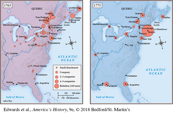 This map shows two comparative Eastern U.S. views of the British Troop Deployments in 1763 and also 1775.  Comparatively, as the imperial crisis deepened, British military priorities changed. In 1763, most British battalions were stationed in Canada (around the Great Lakes region and Quebec) to deter Indian uprisings and French Canadian revolts. After the Stamp Act riots of 1765, the British placed large garrisons in New York and Philadelphia. By 1775, eleven battalions of British regulars occupied Boston, the center of the Patriot movement. The key of the map shows five circle sizes going from small to large to show: a small detachment, a company, 2 to 3 companies, 4 to 5 companies, and a Battalion (350 men).