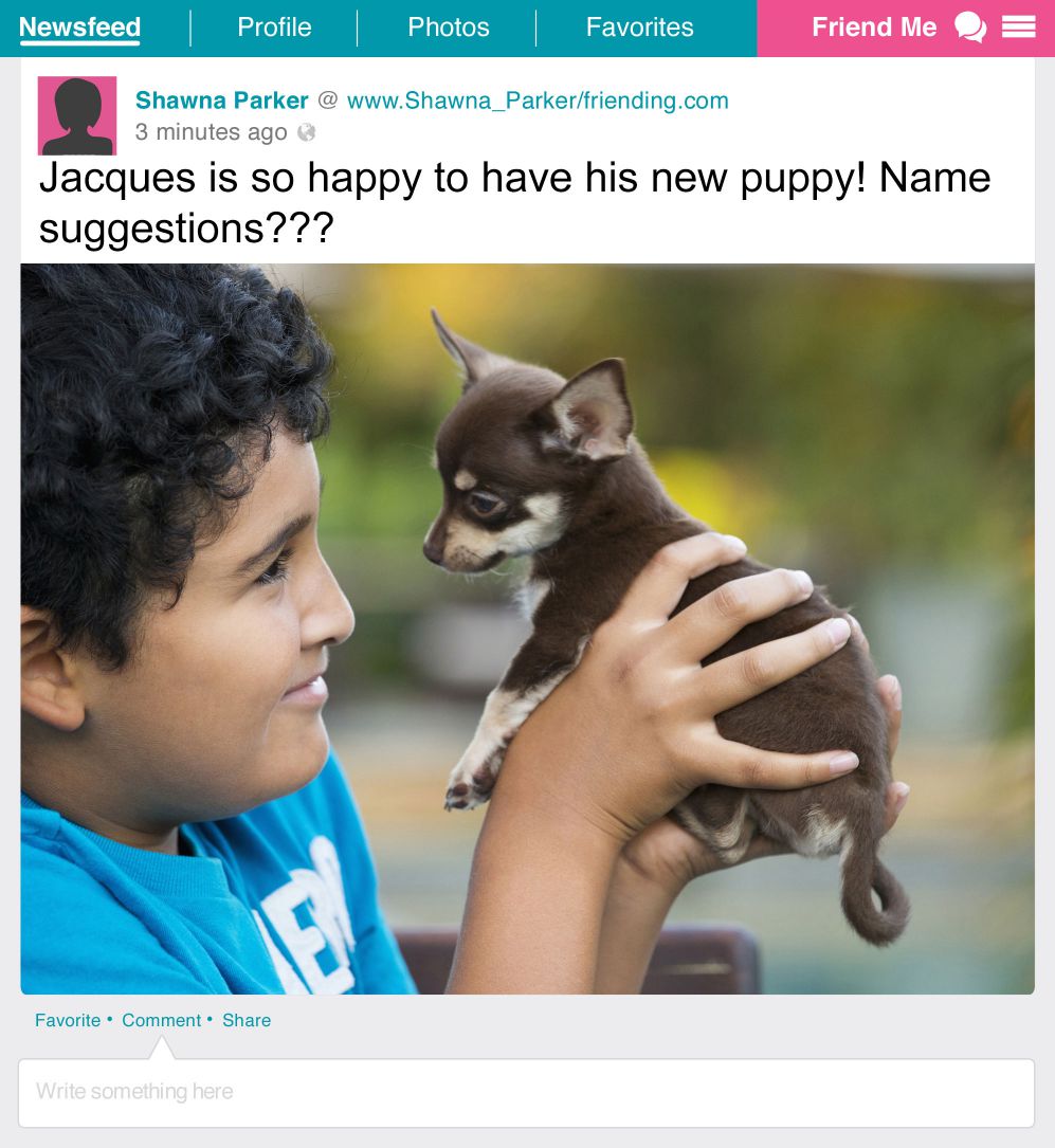 The post presented below the text is from Shawna Parker, who wrote 'Jacques is so happy to have his new puppy! Name suggestions?' and posted a picture of a  young boy smiling and holding a small dog in his hands.