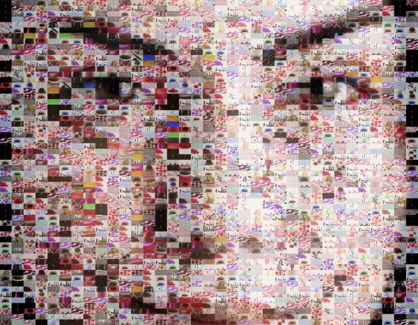Photo shows a large composite picture of a young woman formed from a collection of hundreds of other smaller pictures signifiying the many aspects of one person’s personality.
