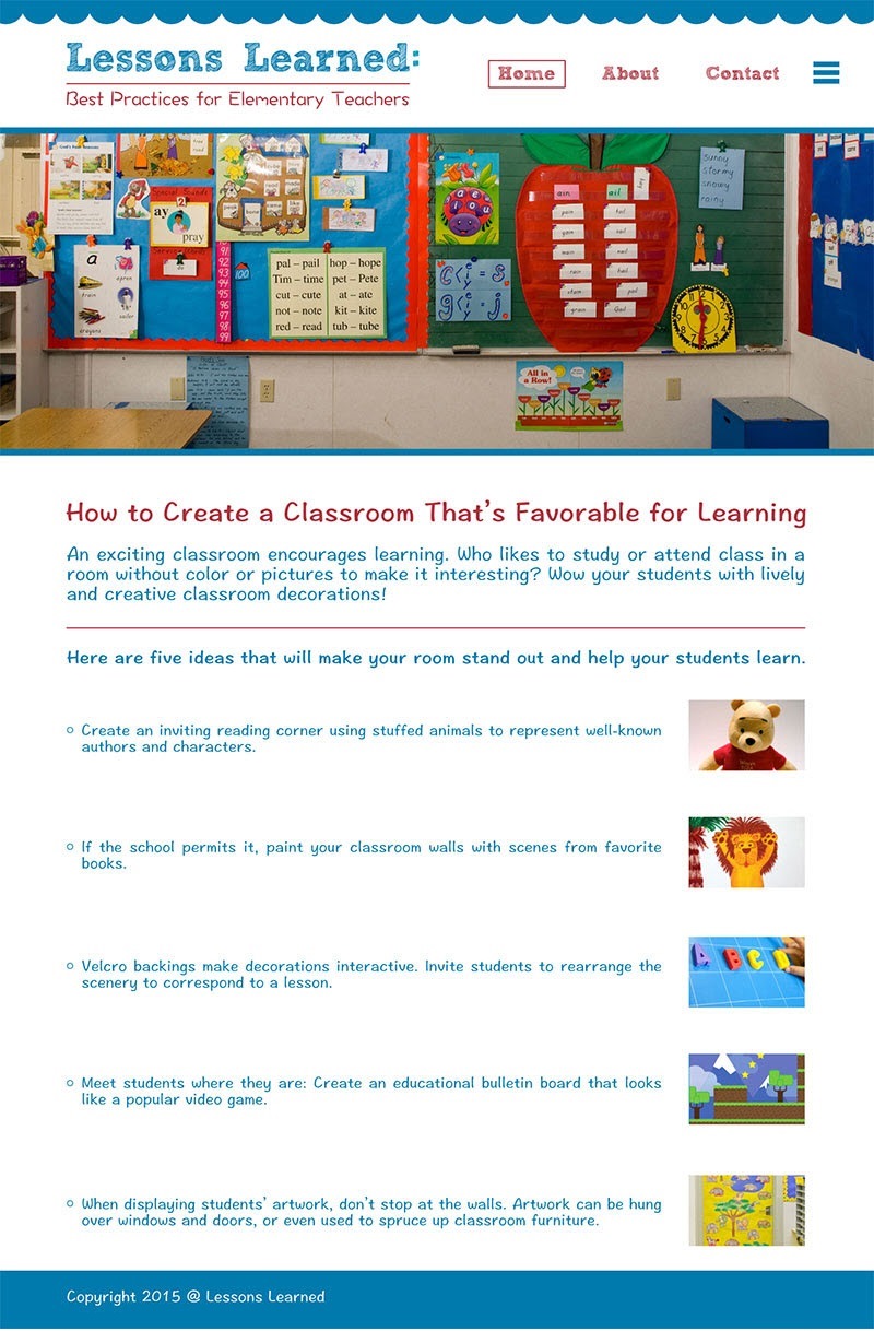 A mock website that claims a decorated classroom helps students learn under optimal conditions.