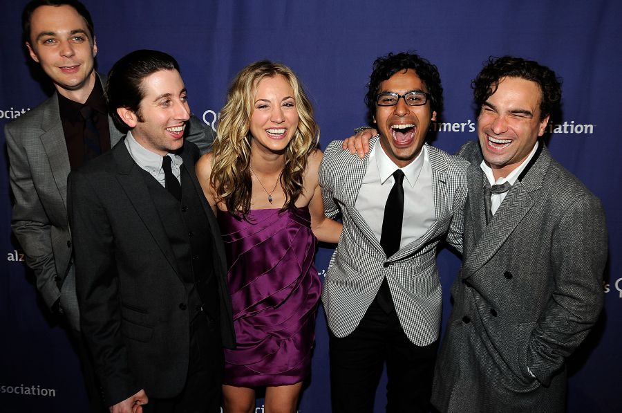 This photo shows the crew of the TV show Big Bang Theory. The stars of the show are four men and one woman, which indicate that most of the scientists in T V shows are male.