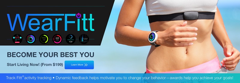 A mock ad showing woman wearing a wearable activity tracker called WearFitt. The ad highlights the features of the wearable activity tracker to show how it helps in changing the behaviors of users. 
