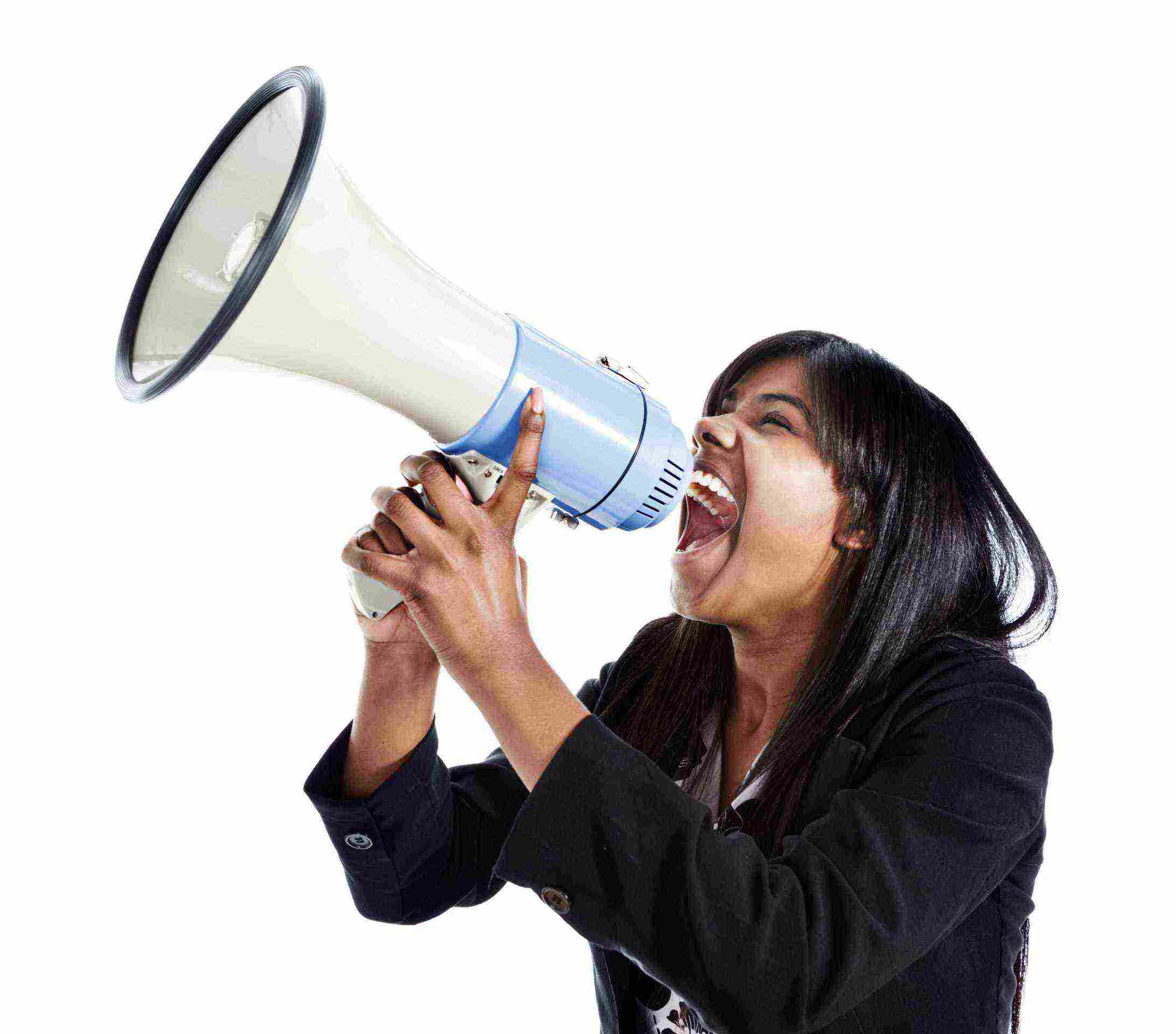 Woman yells through loud hailer energetically