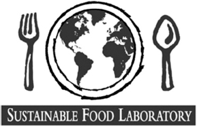 The logo for Sustainable Food Laboratory shows a plate with a fork to the left and a spoon to the right. The plate has an image of Earth. The name Sustainable Food Laboratory is below the plate in large letters. The image is in black and white.