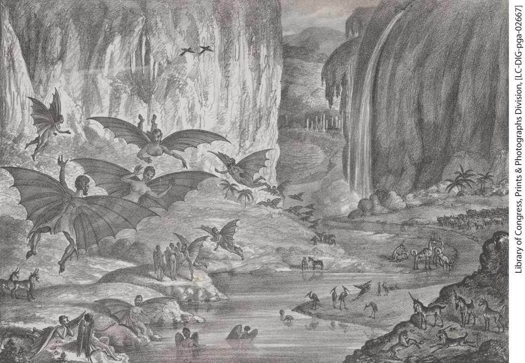 Human-like creatures with bat-like wings frolicking in a scenic canyon with a winding river and various prehistoric looking animals.