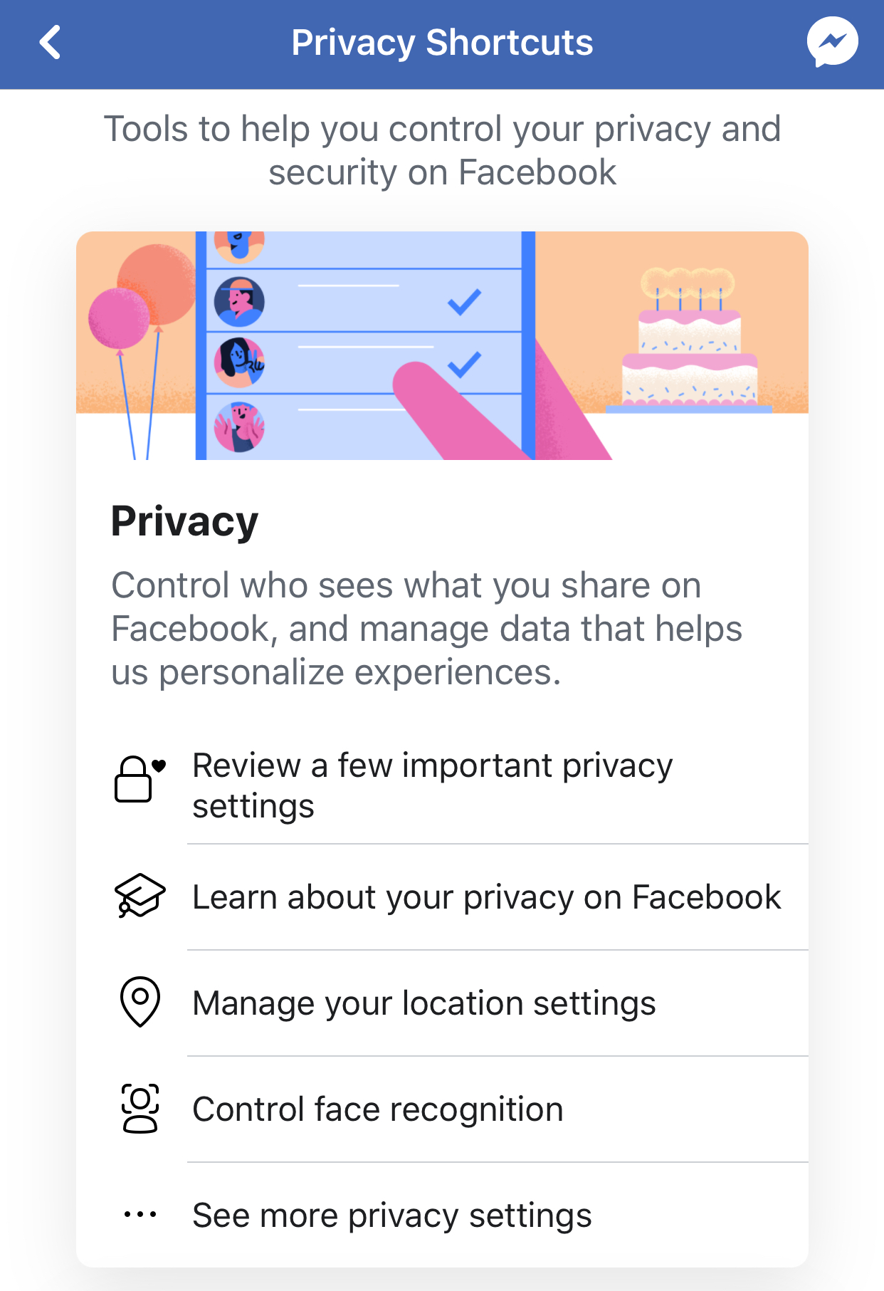 A screenshot of the Facebook messenger application’s Privacy Shortcuts page.