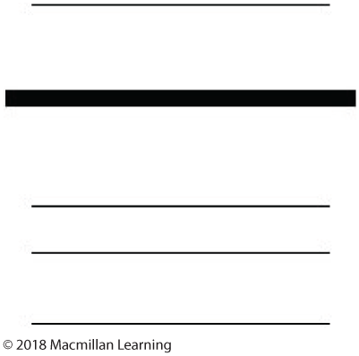 Five lines of different length and thickness are shown one below the other. The second line is thicker than the lines above and below it. The spacing between the lines varies. 