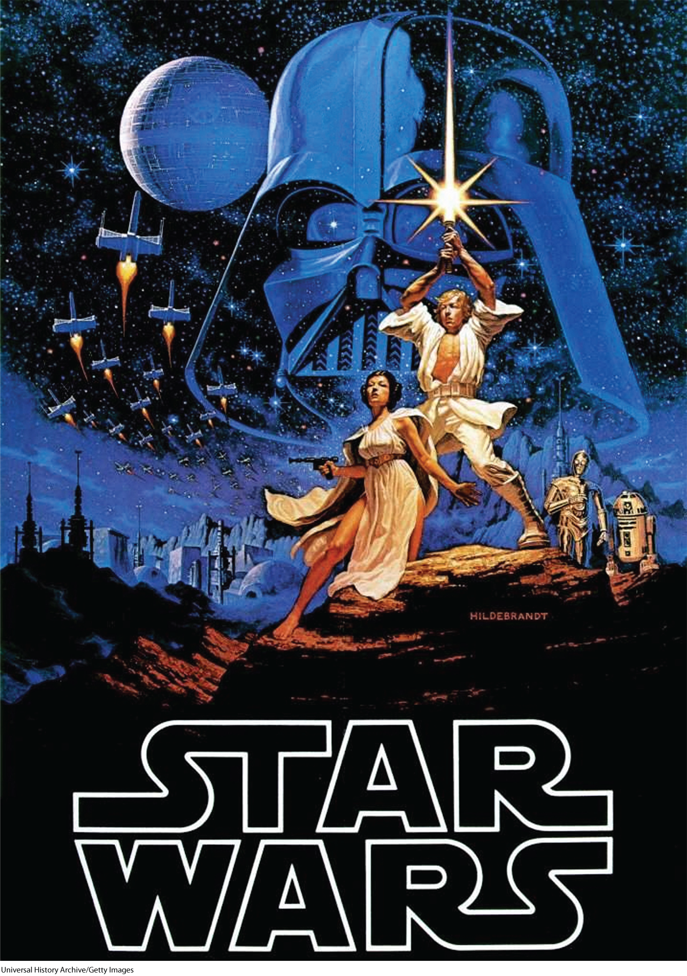 A movie poster is shown. The poster of the movie “STAR WARS” is shown, the poster displays illustrations of the characters in the movie.