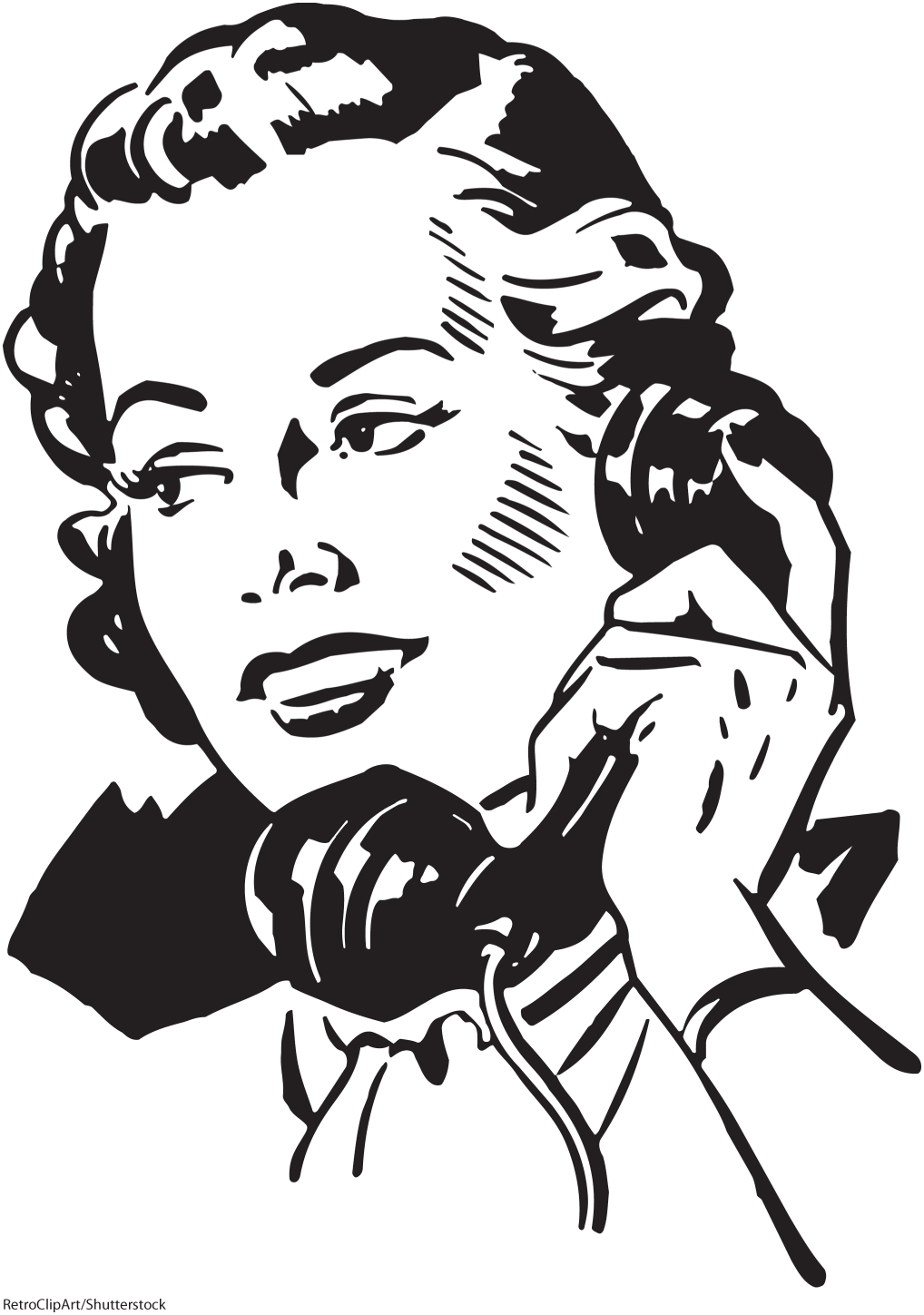 A clip art of a retro style woman talking on a telephone.
