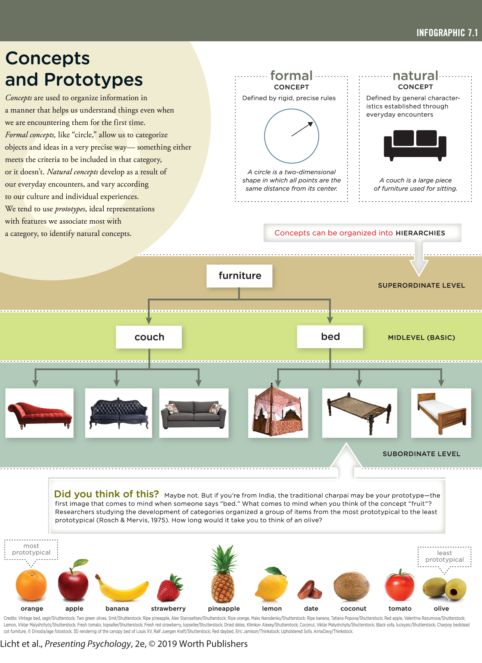 An infographic titled, Concepts and Prototypes explains the formal concept and natural concept, and prototypes keeping furniture and fruits as examples. You can read full description from the link below