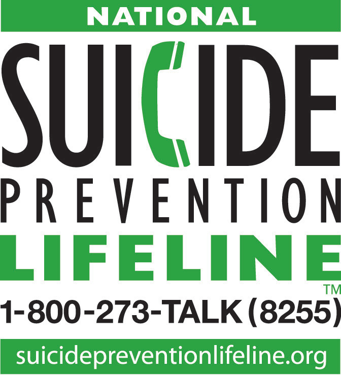 National Suicide Prevention Lifeline logo. Phone number 1 800 273 Talk 8255. Website suicide prevention lifeline dot org.