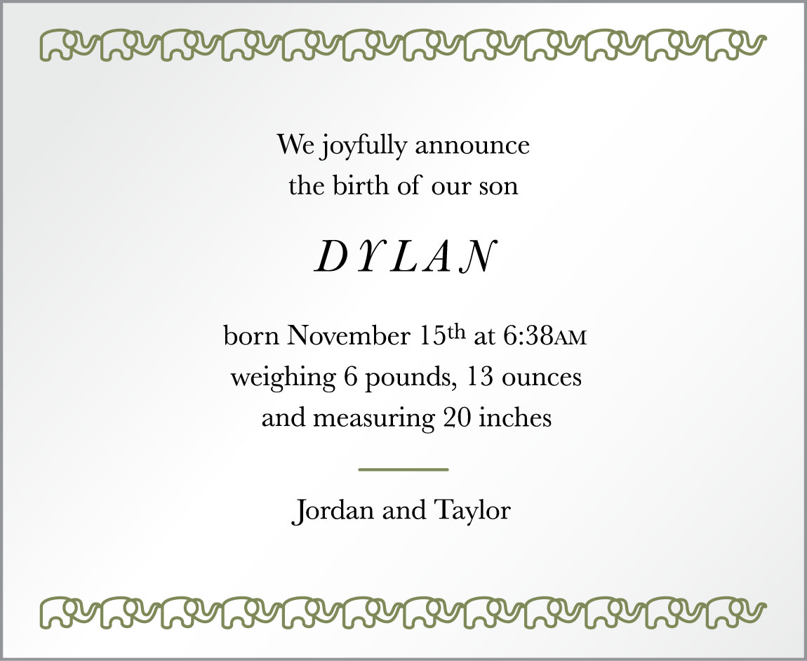 Birth announcement card from Jordan and Taylor. They announce the birth of their son Dylan.