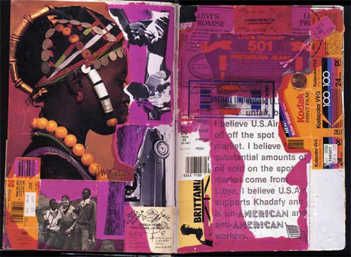 A collage by Dan Eldon with a variety of clippings, including cut-outs of book pages, photos, business items, magazines, advertisements, and products. Eldon uses bright purple and yellow colors around and over the clippings.
