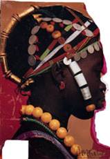 Close-up of a woman’s face and her traditional African attire from Dan Eldon’s collage. Colorful beads and jewlery are all around the woman’s head, ears, and neck.