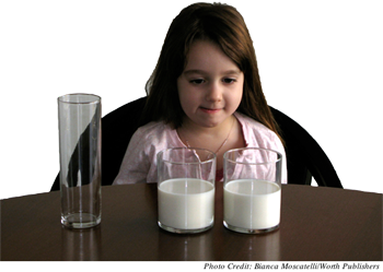 A preoperational age girl studying two evenly filled glasses of milk