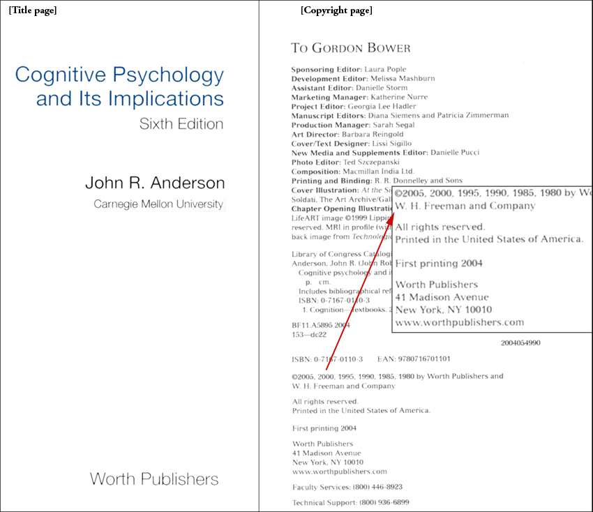 The figure shows the title and the copyright page of the book 'Cognitive Psychology and Its Implications,' sixth edition, by John. R. Anderson. The fragment of the copyright page is highlighted. It contains the following text. Copyright 2005, 2000, 1995, 1990, 1985, 1980 by Worth Publishers and W.H. Freeman and Company. All rights reserved. Printed in the United States of America. First printing 2004. Worth Publishers, 41 Madison Avenue, New York, NY 10010. www.worthpublishers.com
