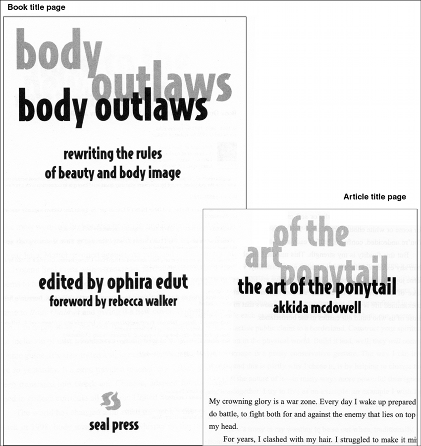The figure shows a book title page on the left and an article title page on the right. The text on the book title page is as follows. Body outlaws: Rewriting the rules of beauty and body image. Edited by Ophira Edut. Foreword by Rebecca Walker. Seal press. The text on the article title page is as follows. The art of the ponytail. Akkida McDowell. Then the fragment of the text of the article is shown.