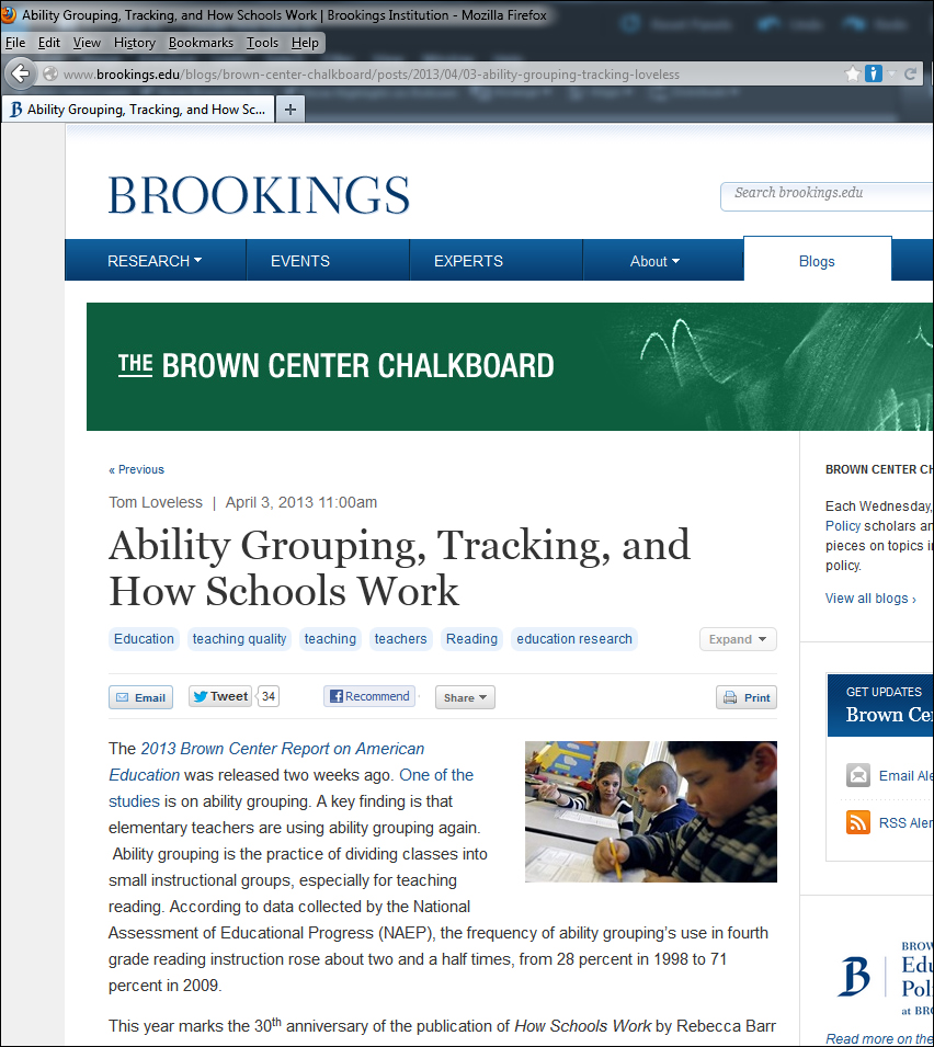 The figure shows a fragment of the web site Brookings. There is a section Blogs selected in the main site menu. The title of the blog is The Brown Center Chalkboard. The text on the page reads as follows. Tom Loveless. April 3, 2013, 11:00 a m. Ability Grouping, Tracking, and How Schools Work. Then the text of the post is shown.