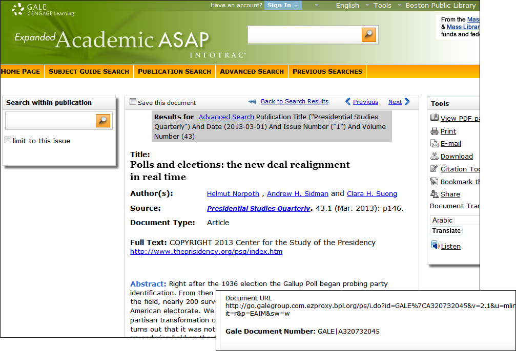 The figure shows a listing from the database Expanded Academic ASAP. The results of an advanced search are as follows. Title: Polls and elections: the new deal realignment in real time. Authors: Helmut Norpoth, Andrew H. Sidman and Clara H. Suong. Source: Presidential Studies Quarterly, 43.1 (Mar. 2013): p146. Full text: Copyright 2013 Center for the Study of the Presidency, https://www.thepresidency.org/psq/index.htm. Document URL and GALE Document Number A320732045 are provided.