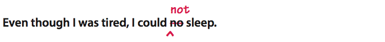 The figure shows a sentence. Even though I was tired, I could no sleep. The word 'no' is crossed out. The word 'not' is inserted instead.  The resulting sentence is: Even though I was tired, I could not sleep.