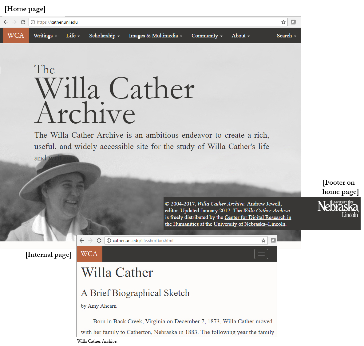 The text on the home page is as follows. The Willa Cather Archive. The Willa Cather Archive is an ambitious endeavor to create a rich, useful, and widely accessible site for the study of Willa Cather’s life and writings. The text in the footer on the home page reads as follows. Copyright 2004-2017, Willa Cather Archive, Andrew Jewell, editor. Updated January 2017. The Willa Cather Archive is freely distributed by the Center for Digital Research in the Humanities at the University of Nebraska-Lincoln. The text on the internal page is as follows. Willa Cather. A brief biographical sketch by Amy Ahearn. Born in Back Creek, Virginia on December 7, 1873, Willa Cather [and so on].