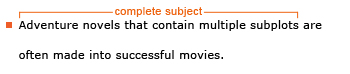 Example sentence: Adventure novels that contain multiple subplots are often made into successful movies. Explanation: The complete subject is Adventure novels that contain multiple subplots.