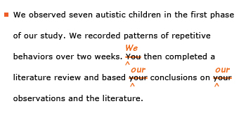 Example sentence with editing. Original sentence: We observed seven autistic children in the first phase of our study. We recorded patterns of repetitive behaviors over two weeks. You then completed a literature review and based your conclusions on your observations and the literature. Revised sentence: We observed seven autistic children in the first phase of our study. We recorded patterns of repetitive behaviors over two weeks. You then completed a literature review and based our conclusions on our observations and the literature. 