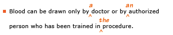 Example sentence with editing. Original sentence: Blood can be drawn only by doctor or by authorized person who has been trained in procedure. Revised sentence: Blood can be drawn only by a doctor or by an authorized person who has been trained in the procedure. Explanation: Articles have been inserted. 