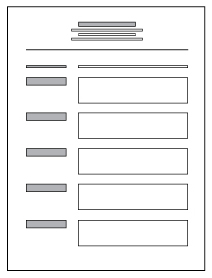 Thumbnail image. A sample layout for a résumé showing a centered header at the top of the document and résumé content, blocked into clearly separate and labeled sections in a grid format using columns and tabs with headings on each major section.